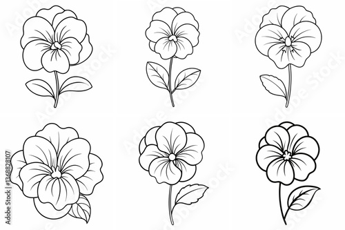  Pansy Flower Outline Coloring Book Page Line Art Drawing Set