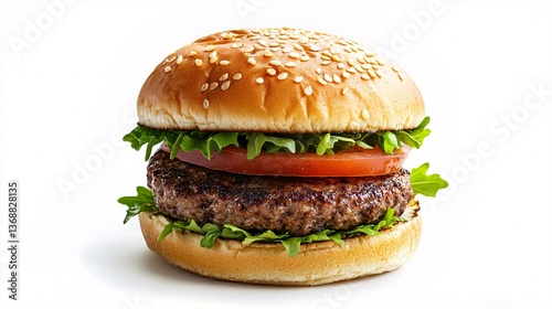 Freshly Assembled Juicy Hamburger with Vegetables on White Background