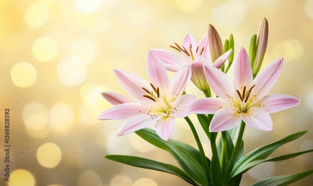 Fototapeta premium Pink lilies on a golden bokeh background for celebratory designs