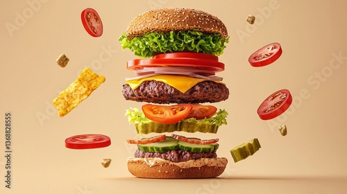 Colorful Floating Ingredients of a Delicious Hamburger Composition