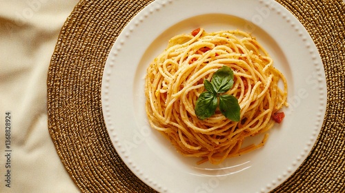 Delicious Spaghetti on White Plate with Fresh Basil Garnish
