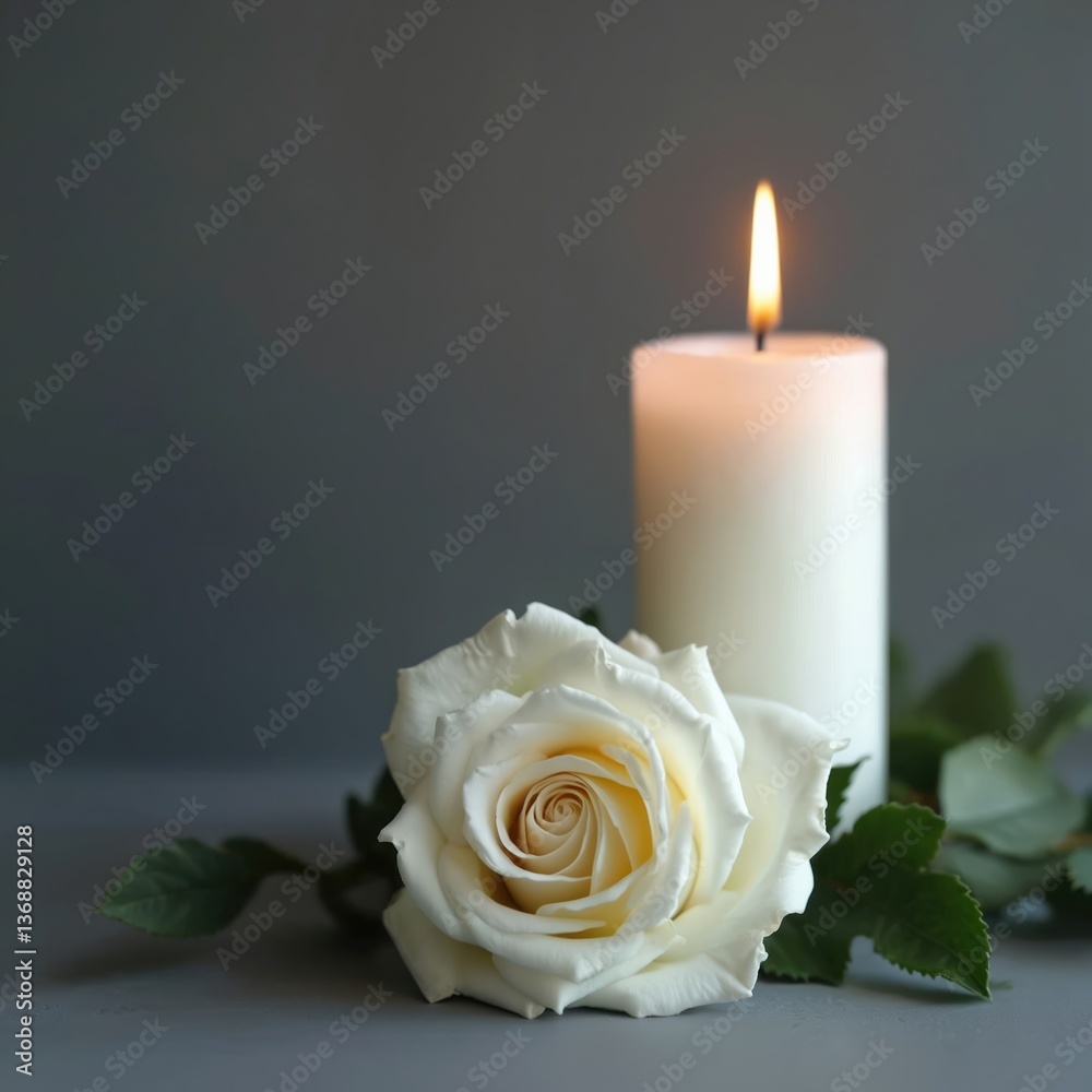 Fototapeta premium Sympathy card, white candle burns next to white rose, dark grey background. Floral arrangement condolences, mourning, remembrance. Memorial, funeral concept. Peaceful still life reflects loss, grief.