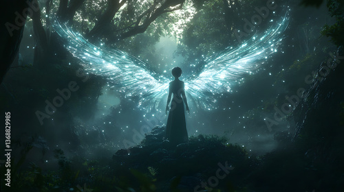 Anime character with glowing wings in a magical forest