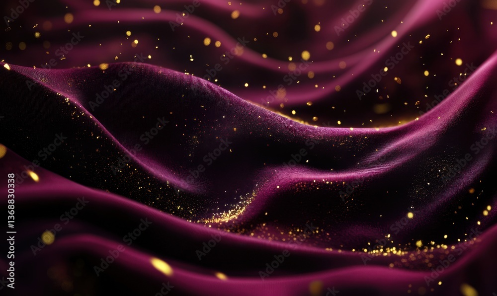 Fototapeta premium Purple silk fabric with gold glitter, luxurious background for product display