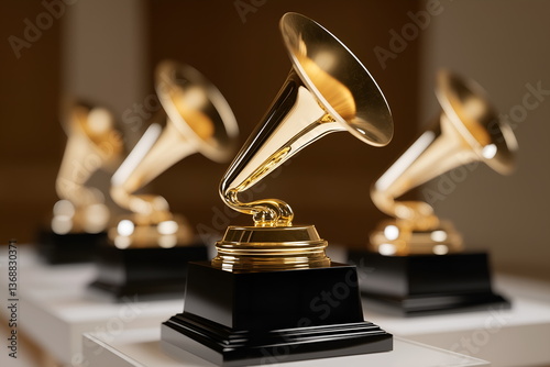 Golden Grammy Awards trophies displayed on a shelf  