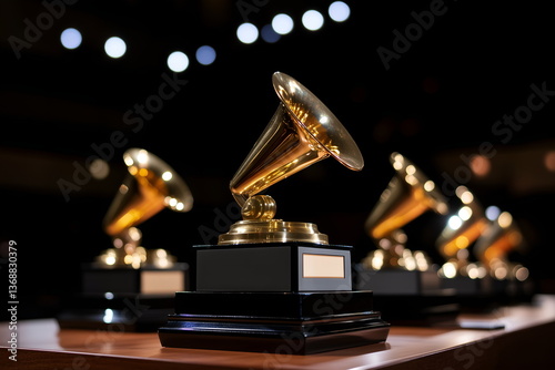 Grammy Awards trophies displayed on a wooden table  