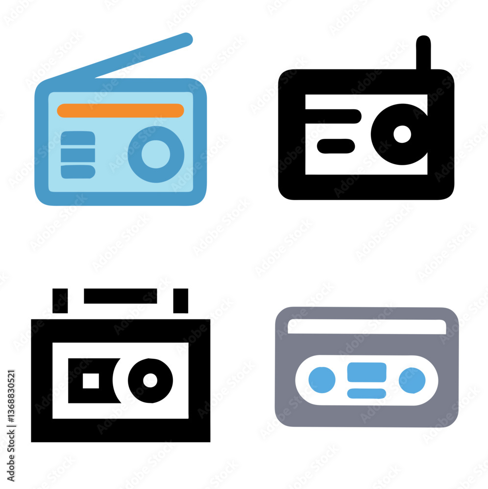 Radio & Tape Player Line Icon, Color Icon Set Radio & Tape Player Line Icon, Color Icon Set