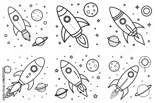  Rocket and Galaxy Outline Coloring Book Page Line Art Drawing Set