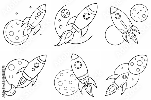  Rocket Flies to the Moon Outline Coloring Book Page Line Art Drawing Set