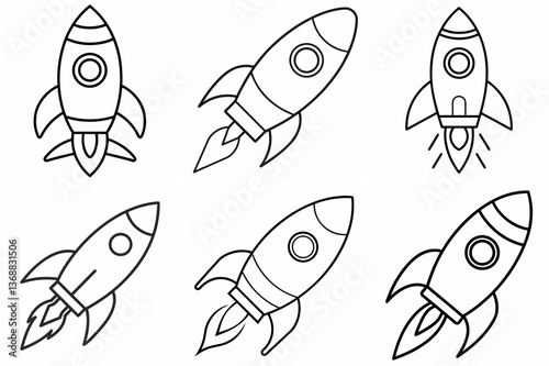  Rocket Outline Coloring Book Page Line Art Drawing Set