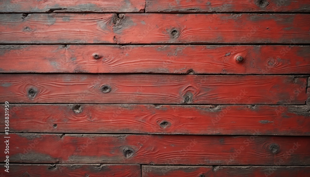 Obraz premium Vintage red wooden planks background with aged texture. Rustic charm comes from weathered, distressed wood panels. Old wood texture shows visible wood grain details, knots. Perfect backdrop for