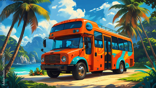 Vibrant Orange Bus on a Tropical Beach Road
