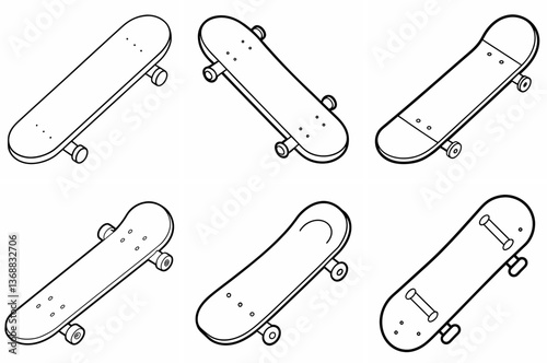 Skateboard Outline Coloring Book Page Line Art Drawing Set