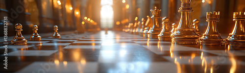 Wallpaper Mural Golden chess pieces on a checkered board illuminated by a bright out-of-focus background. Torontodigital.ca