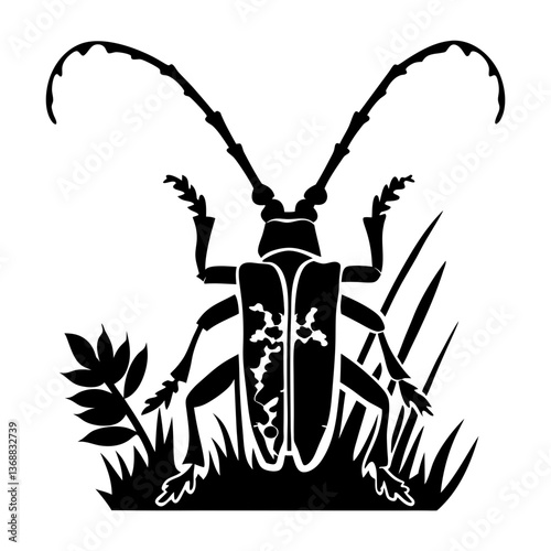 Longhorn beetle with antennae in black silhouette