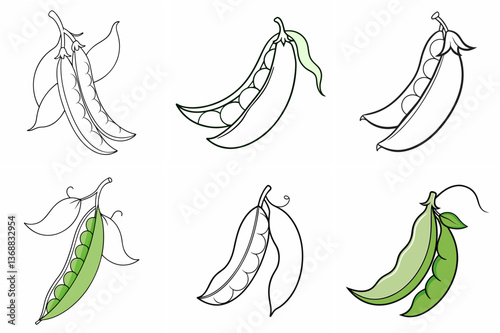 Snap Peas Vegetable Outline Coloring Book Page Line Art Drawing Set