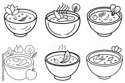 Soup with Vegetables Outline Coloring Book Page Line Art Drawing Set