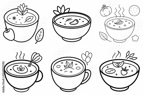 Soup with Vegetables Outline Coloring Book Page Line Art Drawing Set