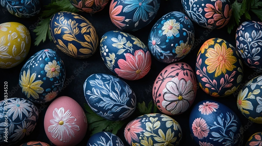 Close-up of Easter eggs with floral patterns Close-up of Easter eggs with floral patterns