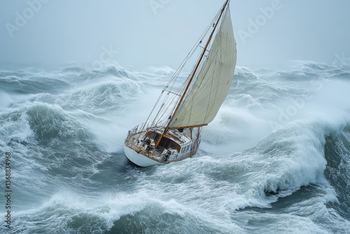 Classic sailing yacht tacking in rough seas during storm
