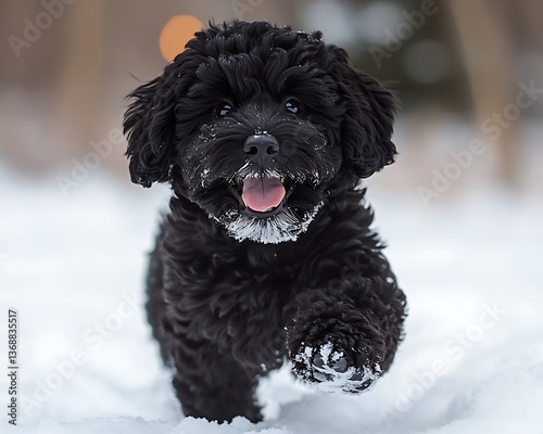 Happy black puppy running in snow.