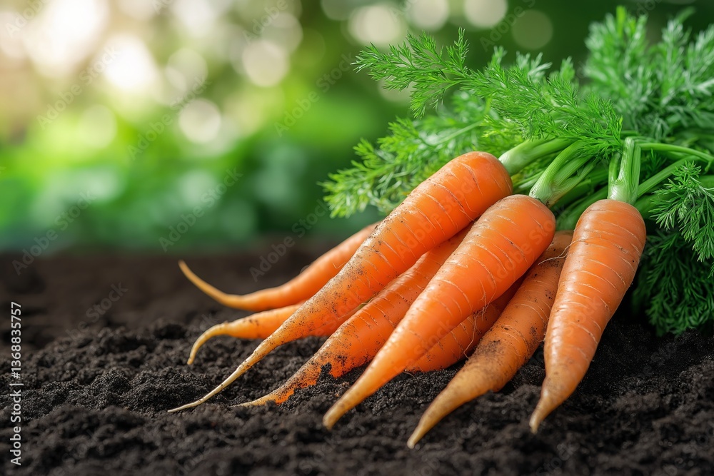 Freshly harvested carrots lying on rich soil under soft sunlight in a garden setting. Vibrant orange carrots with green tops are resting on dark soil, highlighted by gentle sunlight Freshly harvested carrots lying on rich soil under soft sunlight in a garden setting. Vibrant orange carrots with green tops are resting on dark soil, highlighted by gentle sunlight