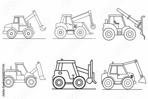  Telehandler Machine Outline Coloring Book Page Line Art Drawing Set