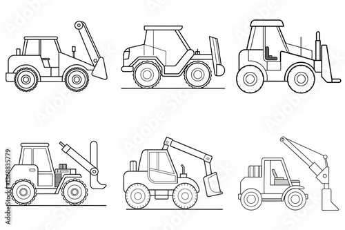  Telehandler Machine Outline Coloring Book Page Line Art Drawing Set