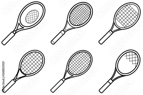 Tennis Racket Outline Coloring Book Page Line Art Drawing Set