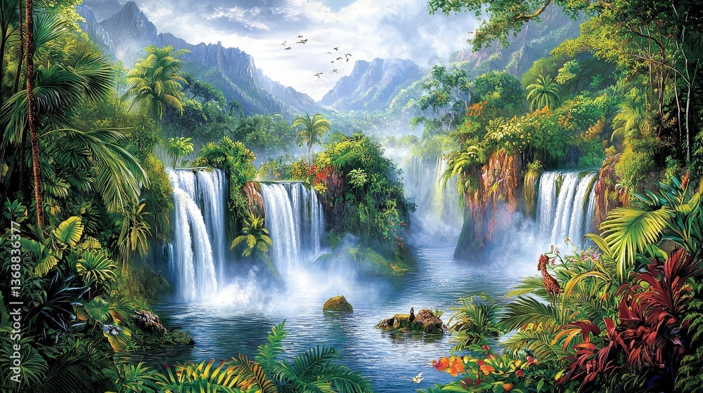 Fototapeta premium Lush tropical waterfall landscape with misty mountains and vibrant foliage