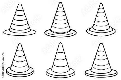 Traffic Cone Outline Coloring Book Page Line Art Drawing Set
