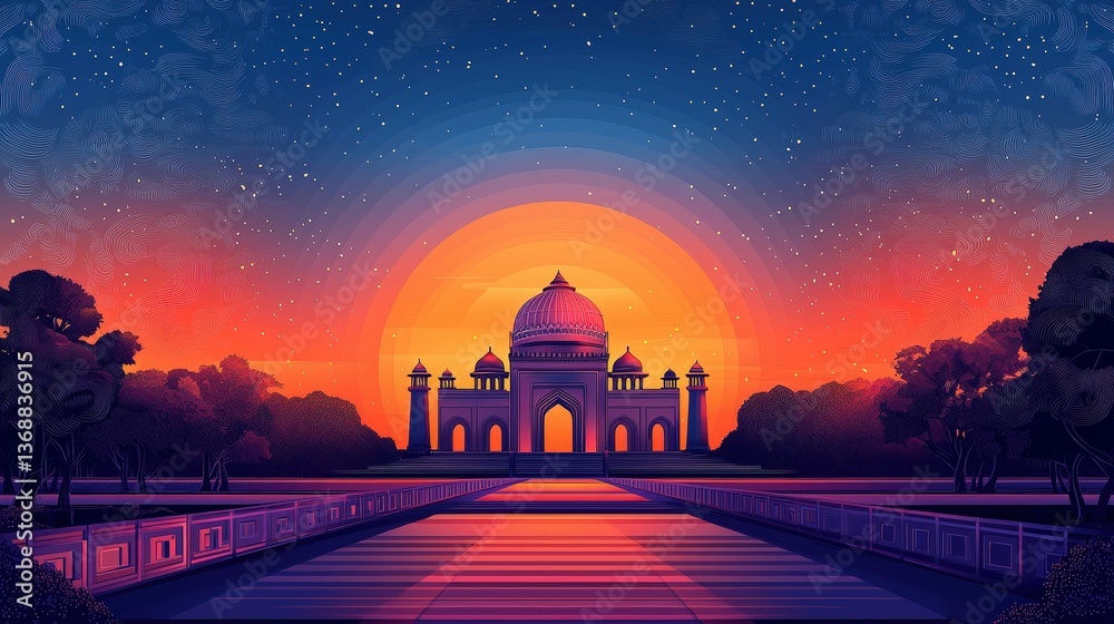 Obraz premium Majestic domed landmark silhouette at sunset with starry sky and trees
