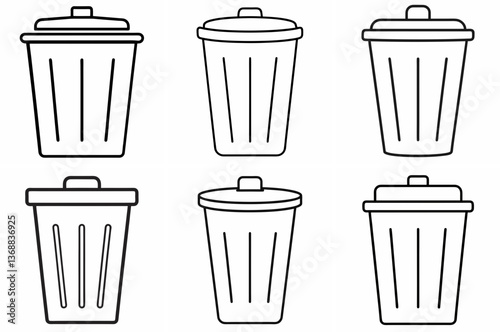 Trash Can Outline Coloring Book Page Line Art Drawing Set