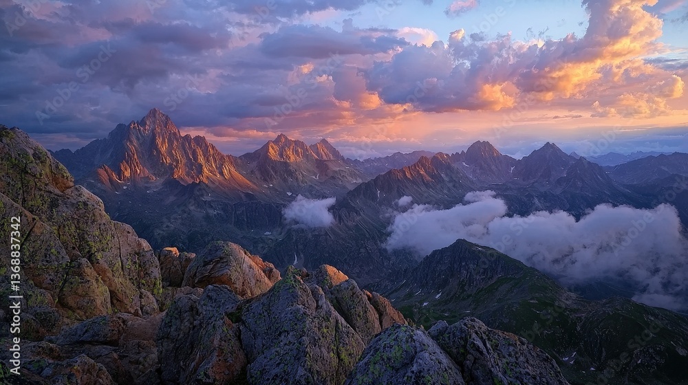 Obraz premium Majestic mountain range at sunset with golden light and dramatic clouds