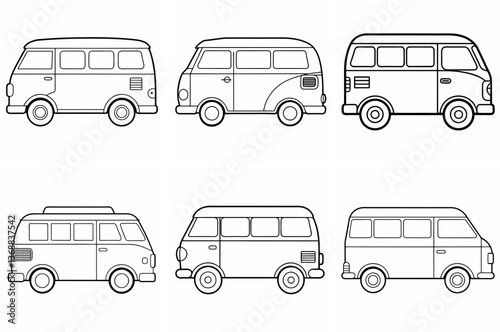 Van Outline Coloring Book Page Line Art Drawing Set