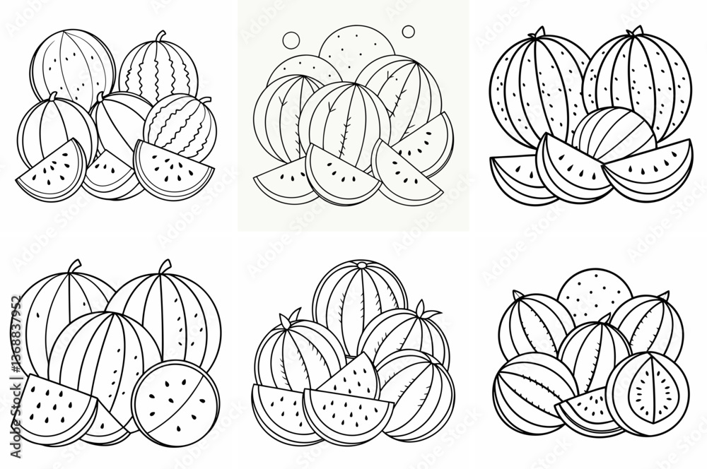 Obraz premium Various Watermelons Outline Coloring Book Page Line Art Drawing Set