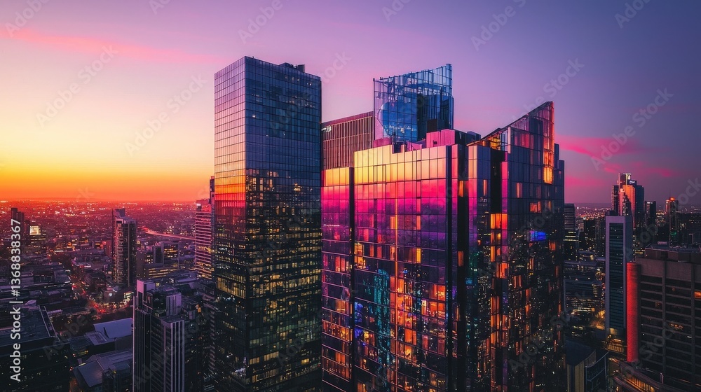 Obraz premium Modern cityscape at sunset with vibrant sky and glass skyscrapers