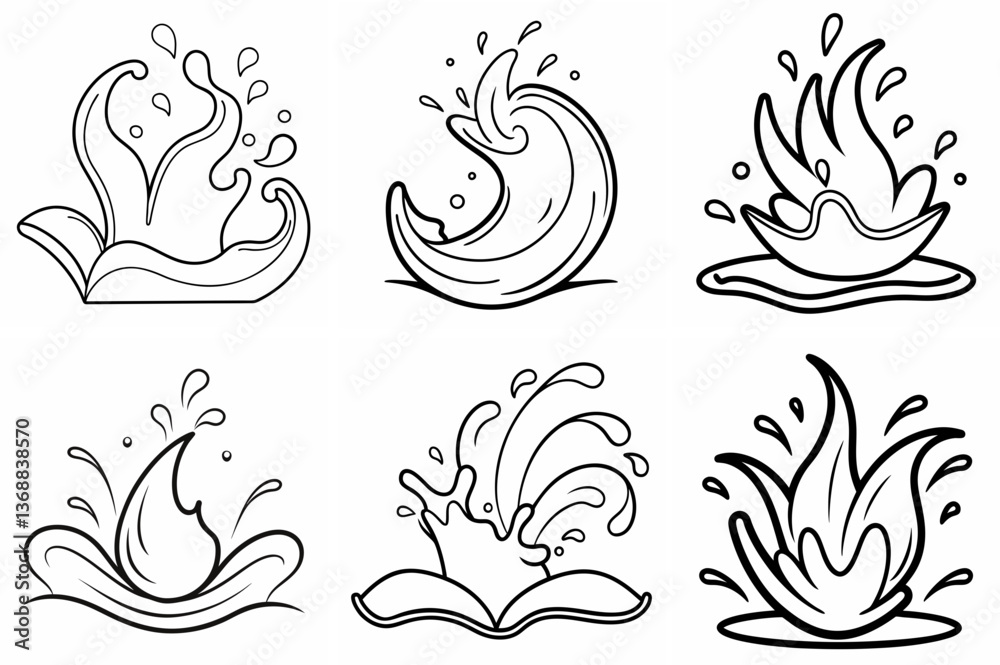 Fototapeta premium Water Splashing Outline Coloring Book Page Line Art Drawing Set