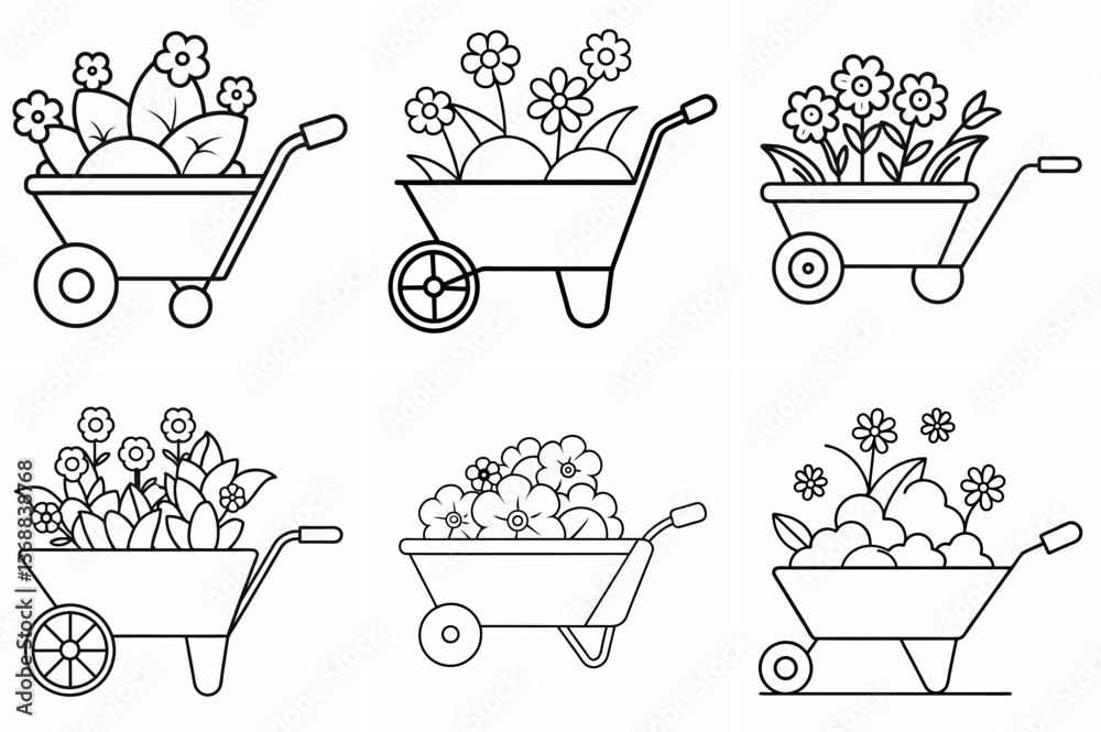 Wheelbarrow with Flowers Outline Coloring Book Page Line Art Drawing Set Wheelbarrow with Flowers Outline Coloring Book Page Line Art Drawing Set