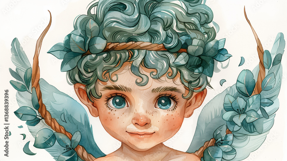 Obraz premium Cute watercolor cupid with curly turquoise hair, blue eyes and a wreath of leaves. Fantasy portrait of a little cupid with wings, a symbol of love and tenderness.