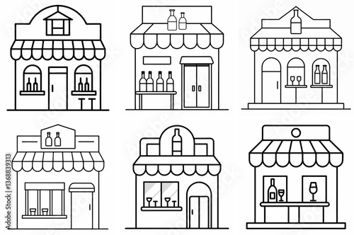 Wine Shop Outline Coloring Page Line Art Drawing Set