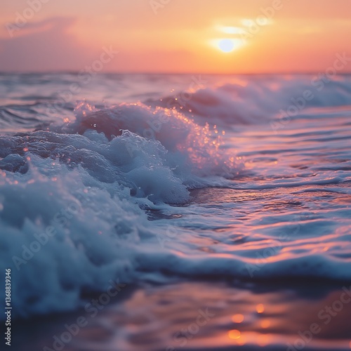 Sunset ocean waves foam close-up.