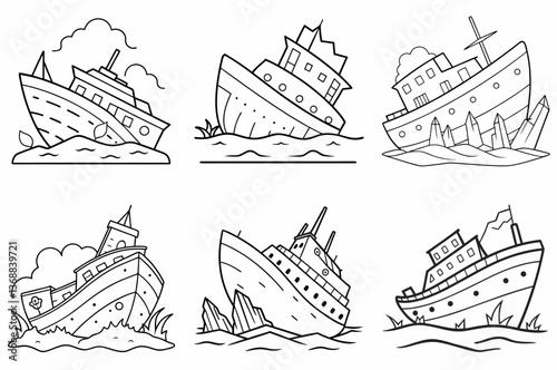 Wrecked Ship Outline Coloring Page Line Art Drawing Set