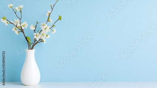 Wallpaper Mural White vase holds delicate flowering branches, blue backdrop, minimalist scene Torontodigital.ca