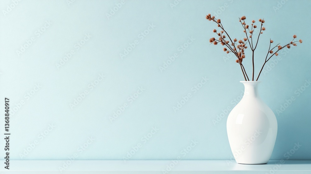 White vase with brown stems on a blue surface. Minimalist design White vase with brown stems on a blue surface. Minimalist design