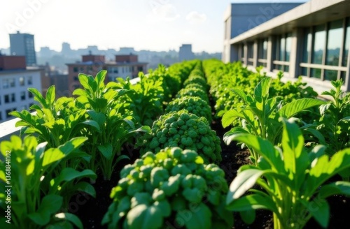 Urban rooftop garden with lush greenery in cityscape. High quality photo