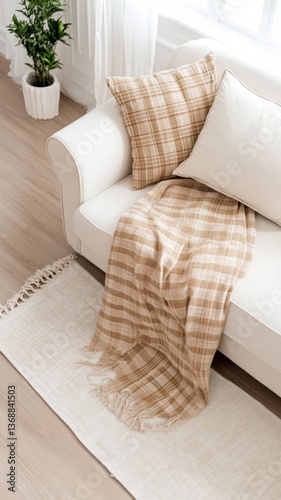 Cozy living room with a beige blanket and decorative pillows on a white sofa in a sunlit space
