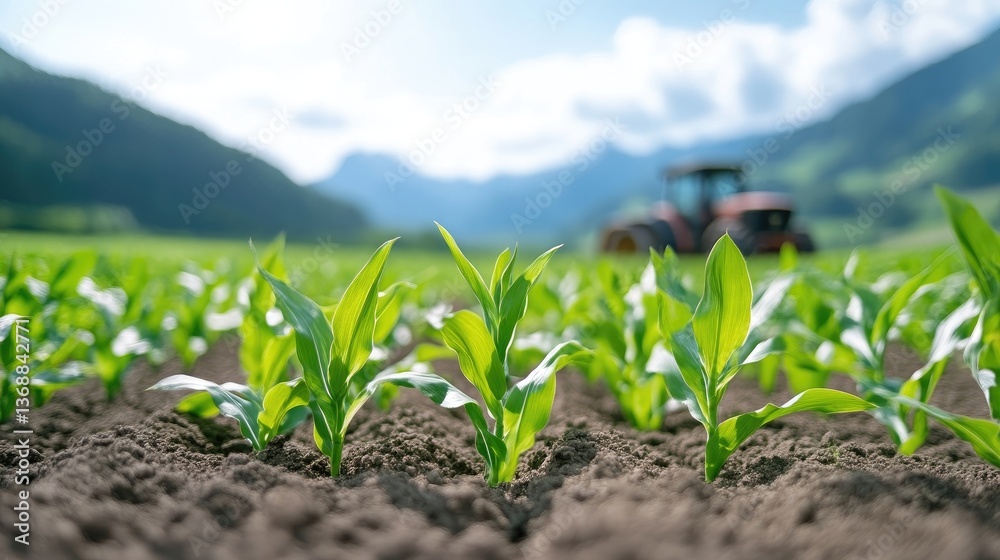 Lush young corn seedlings sprout in fertile soil, a tractor in the background