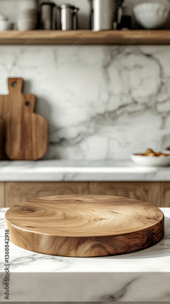 Wooden serving platter on marble countertop in contemporary kitchen with stylish decor and natural light shining through Wooden serving platter on marble countertop in contemporary kitchen with stylish decor and natural light shining through