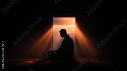 Silhouette of a person in prayer, bathed in golden sunlight streaming through a window.  A contemplative moment of devotion and reflection in a dark room, illuminated by a radiant sunset